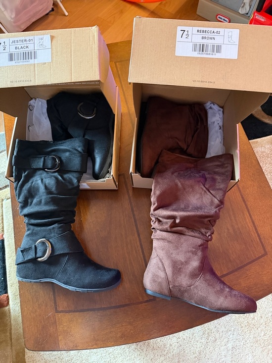 Shoes - Black and Brown Slouchy Buckle Knee-High Boots - Women